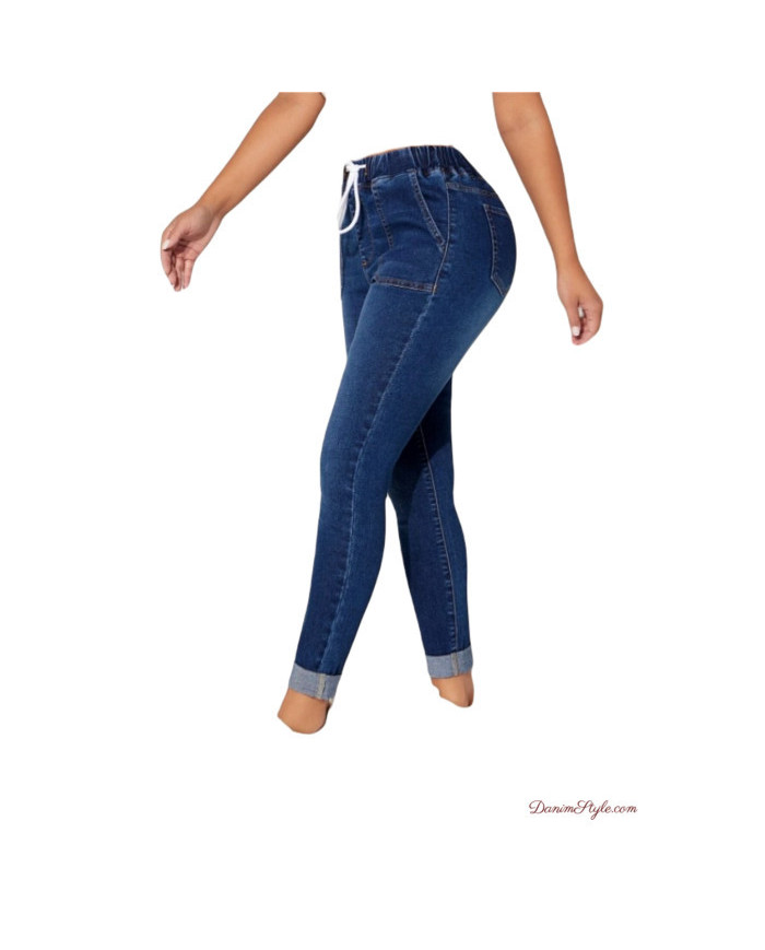 Danim High Waisted Skinny Denim Cargo Pants (Navy)
