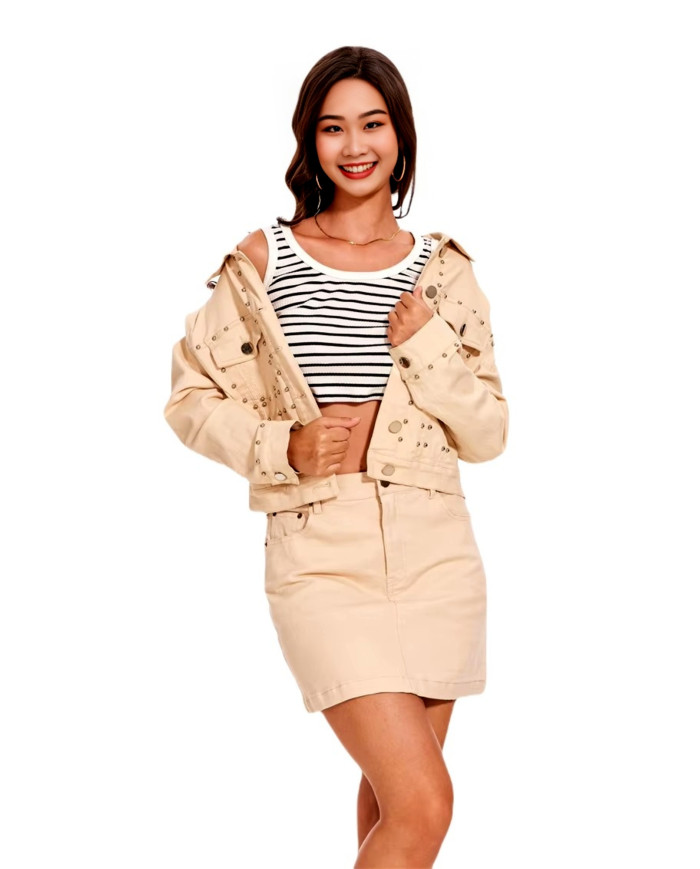 Danim Babe Denim Jacket & Shorts (Camel-2Pcs)