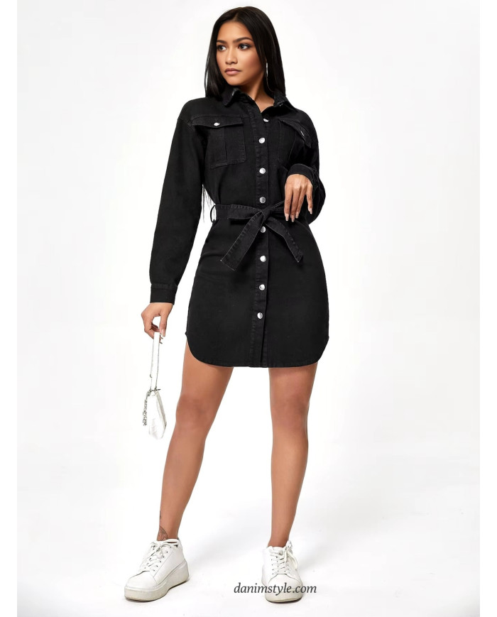 Danim Belted Ladies Denim Dress,(Black)