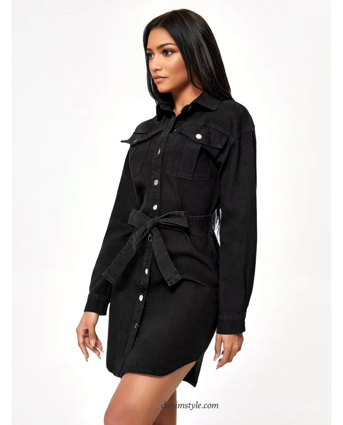 Danim Belted Ladies Denim Dress,(Black)
