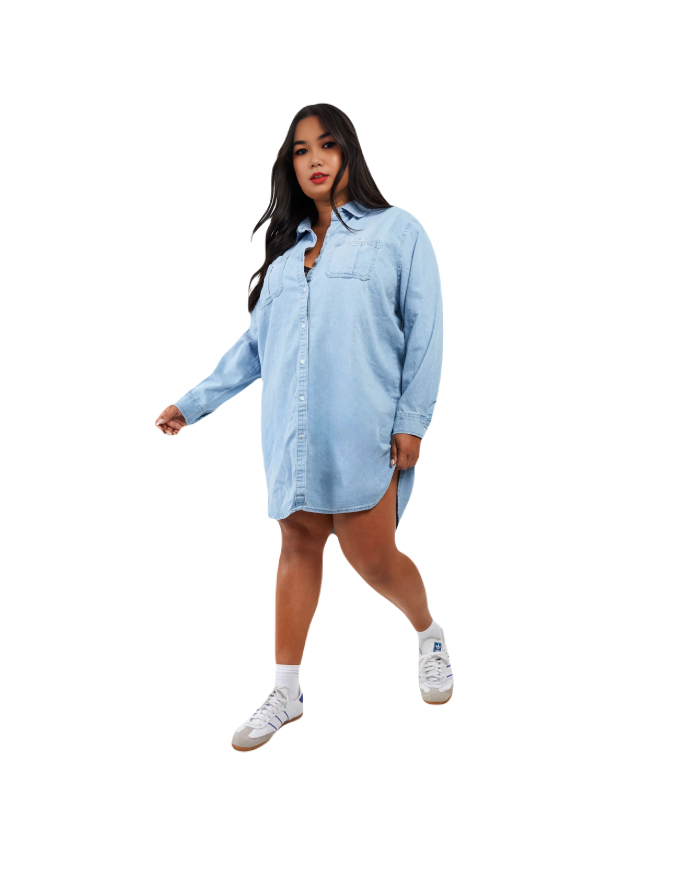 Denim Down Shirt Dress (Sky-Blue)