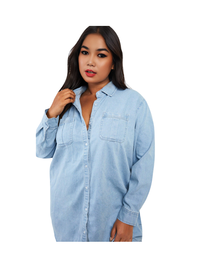 Denim Down Shirt Dress (Sky-Blue)