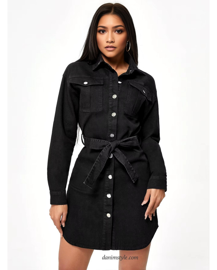 Danim Belted Ladies Denim Dress,(Black)