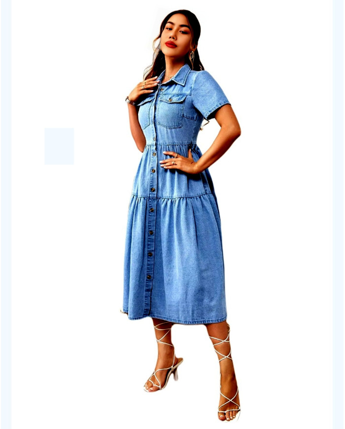 Danim Street Long Denim Dress (Light-Blue)