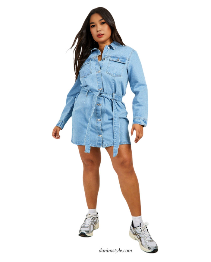 Danim Belted Women Denim Dress,  (Light-Blue)