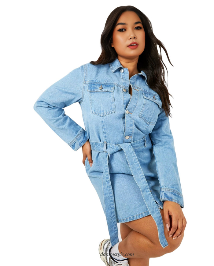 Danim Belted Women Denim Dress,  (Light-Blue)