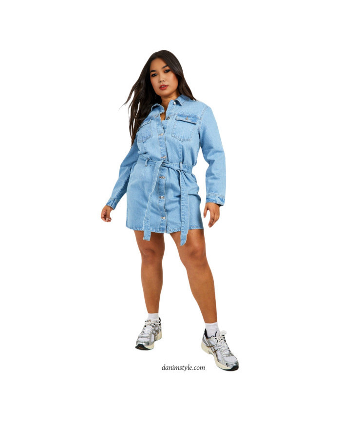 Danim Belted Women Denim Dress,  (Light-Blue)