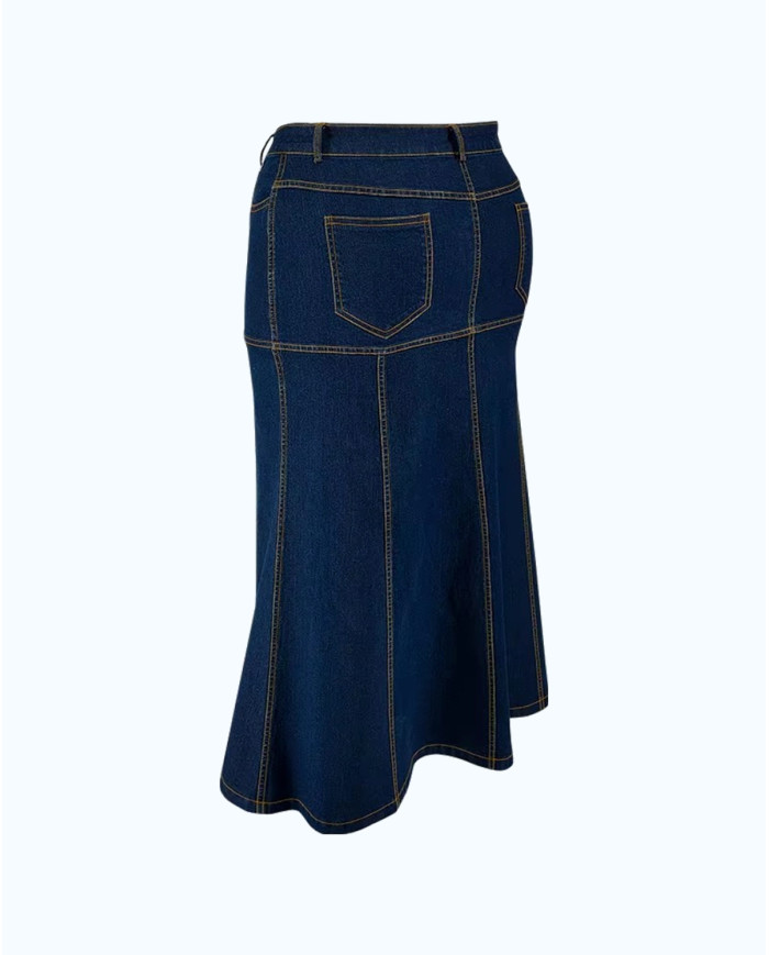 Danim Ladies Denim Ruffle Long Skirt, (Indigo)