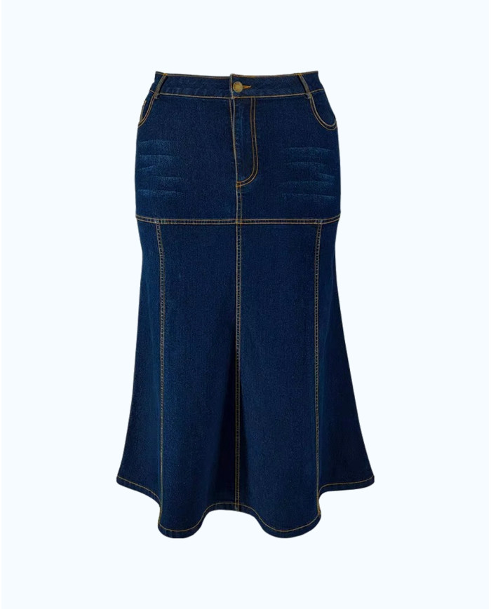 Danim Ladies Denim Ruffle Long Skirt, (Indigo)