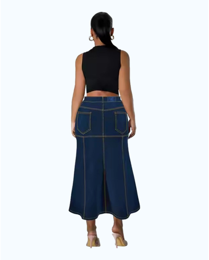 Danim Ladies Denim Ruffle Long Skirt, (Indigo)