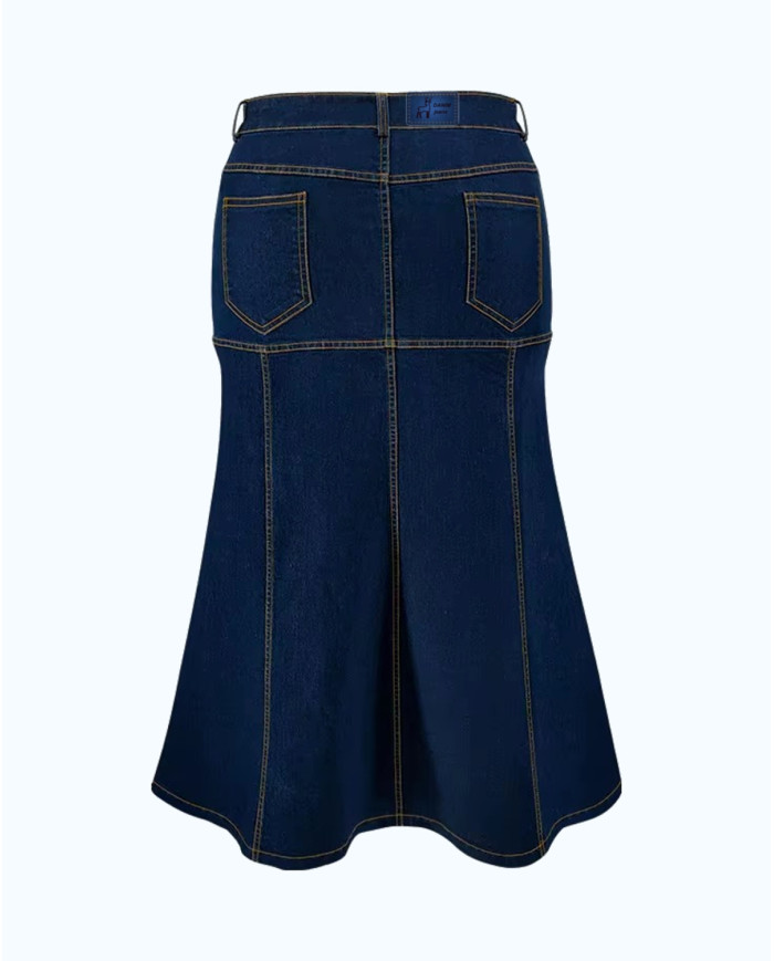 Danim Ladies Denim Ruffle Long Skirt, (Indigo)