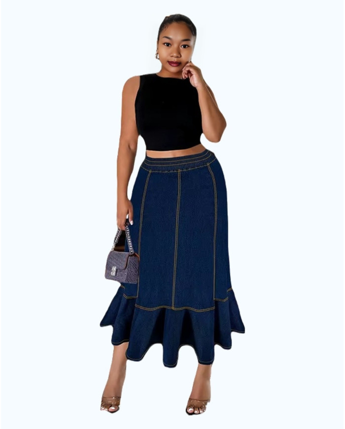 Danim Ladies Skinny  Denim Ruffle Long Skirt, (Indigo)