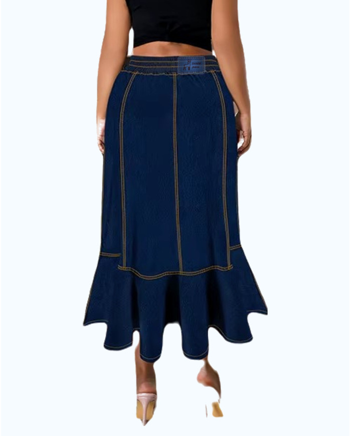 Danim Ladies Skinny  Denim Ruffle Long Skirt, (Indigo)