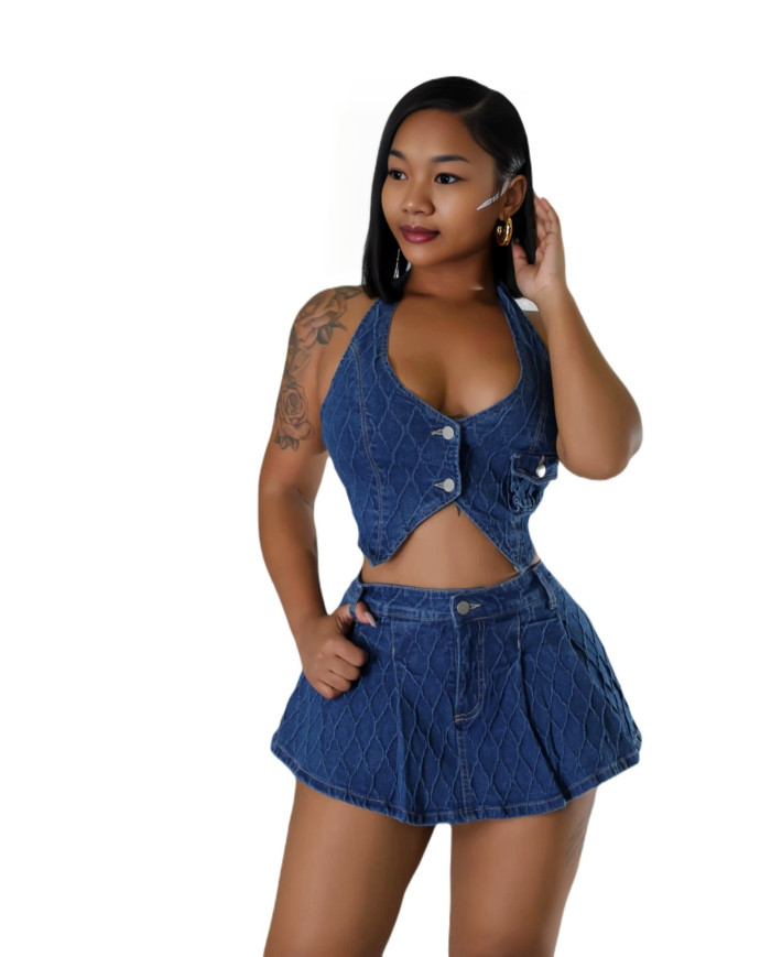 Danim Babe Denim Shorts & Top (Navy-2Pcs)