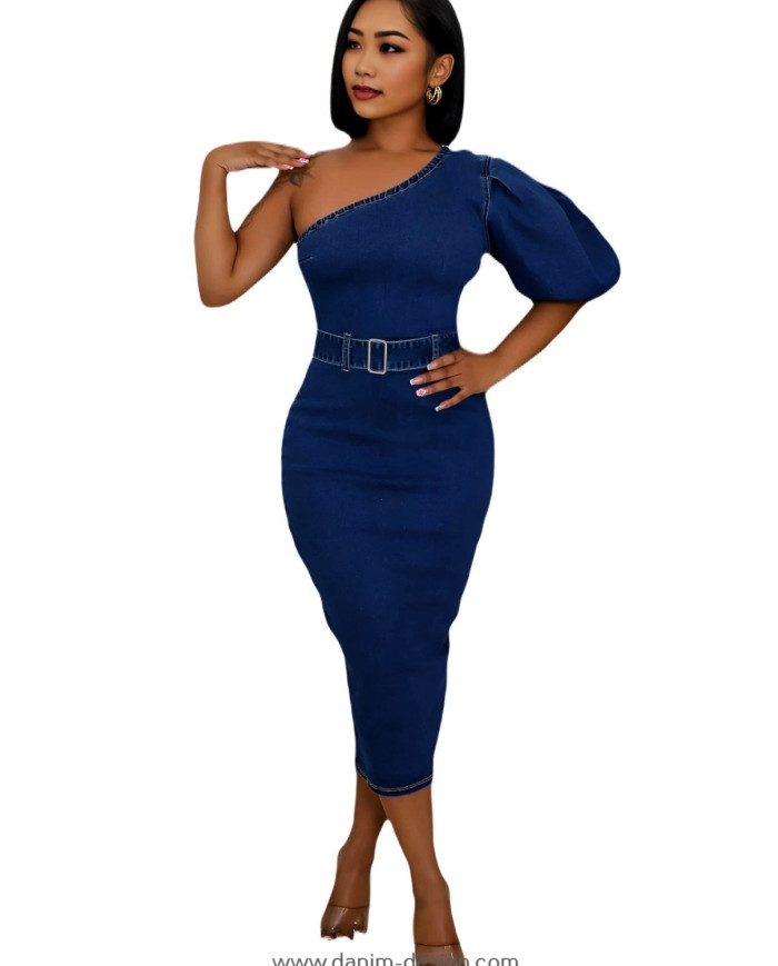 Danim Bodycon Beleted Denim Dress (Navy-Blue)