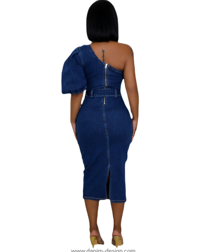 Danim Bodycon Beleted Denim Dress (Navy-Blue)