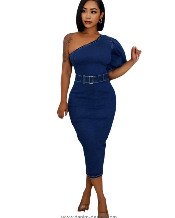 Danim Bodycon Beleted Denim Dress (Navy-Blue)